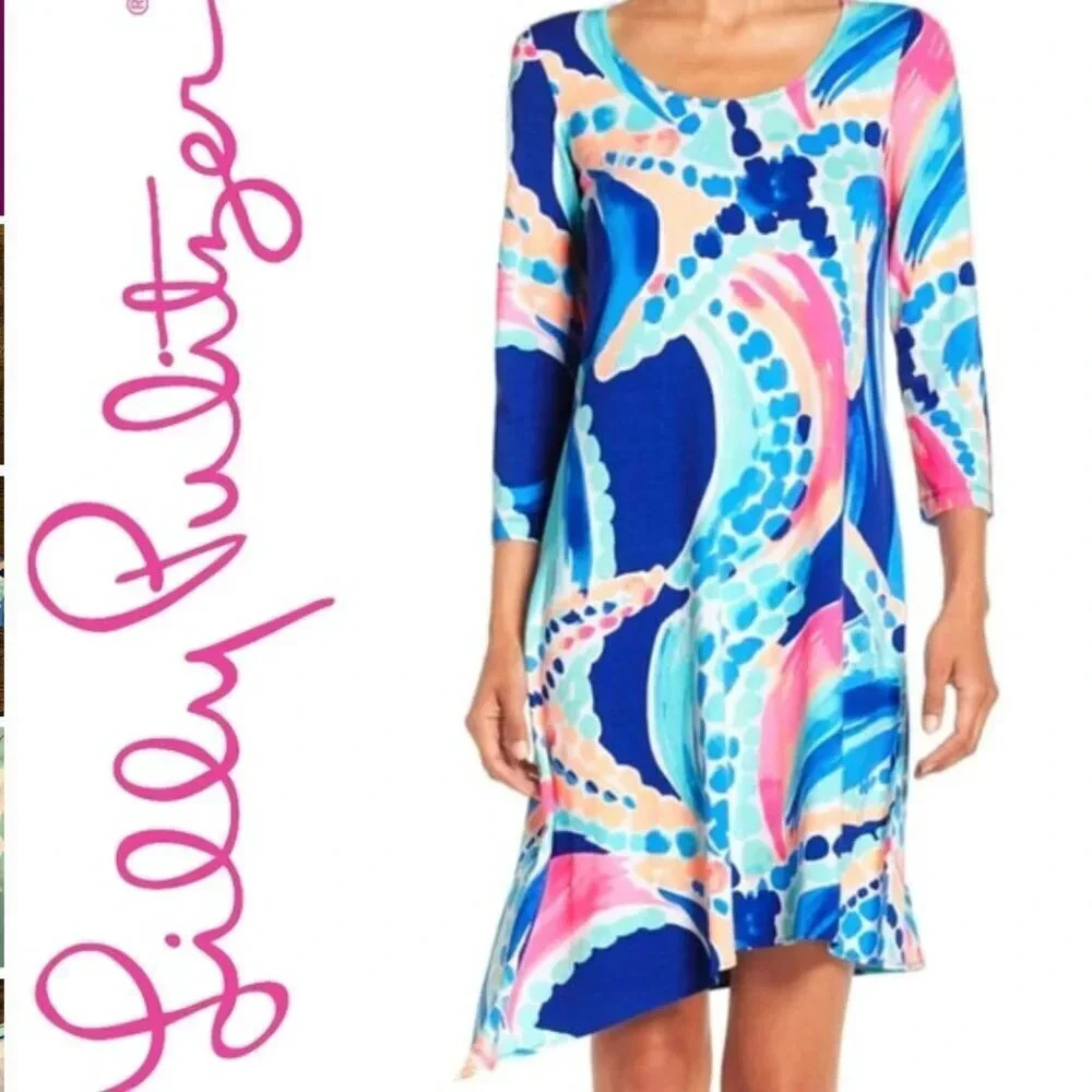 Lilly Pulitzer Ariana Dress Asymmetric Mini Jersey Knit Swing Ocean Jewels Small